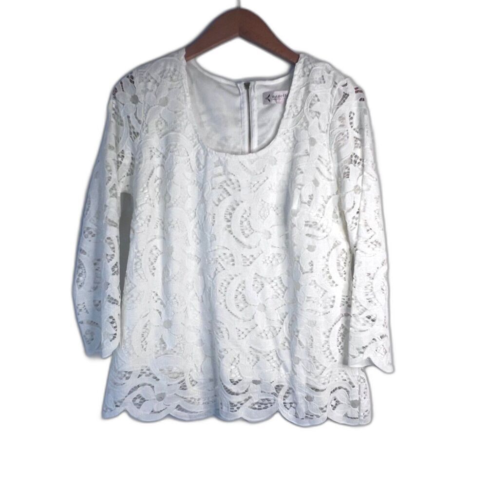 Nanette Lepore White Lace 3/4 Sleeve Back Zip Dressy Evening Blouse Size M/L